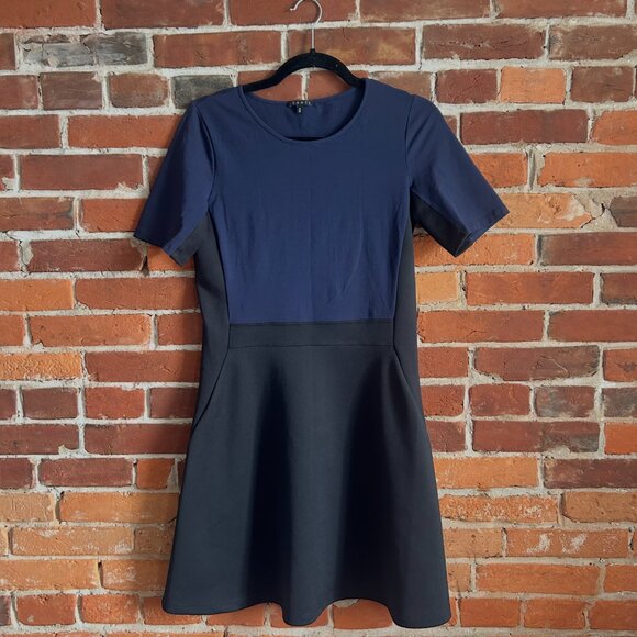 Theory Black and Navy Short Sleeve Color Block Dress (M) - Picture 1 of 7